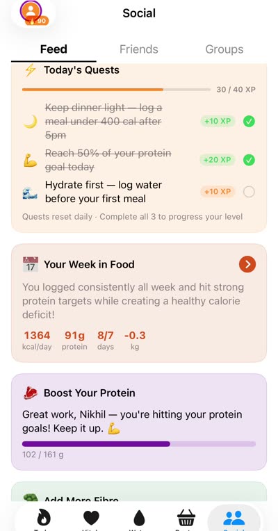 Social feed with quests and weekly recap