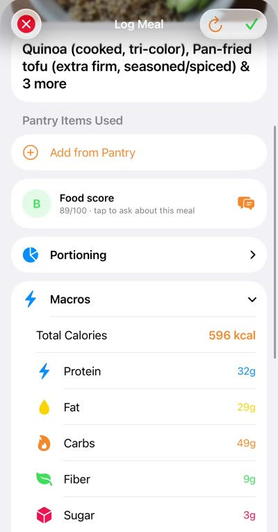 Meal photo scan result with macros